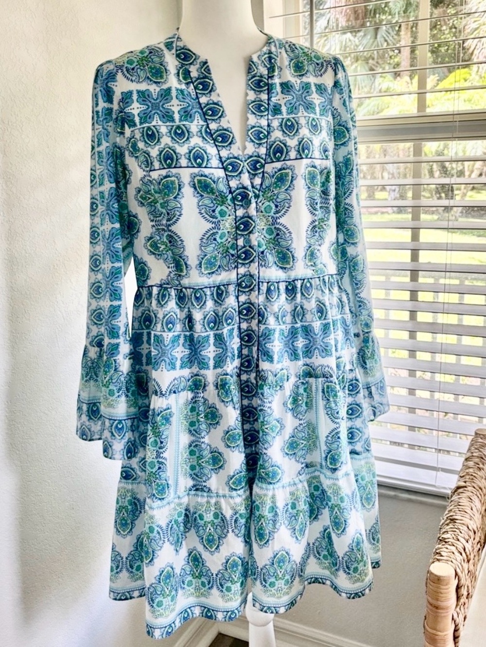 Hale Bob White Shirt Dress with Blue and Green Paisley Print
